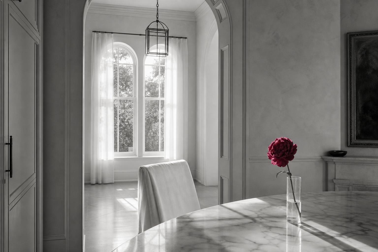 Editorial Charleston interior with marble table and a single magenta peony